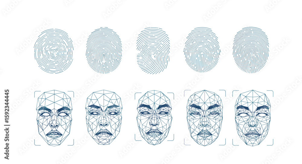 Poster illustrative biometric data set featuring fingerprint scans and polygonal face recognition scans for