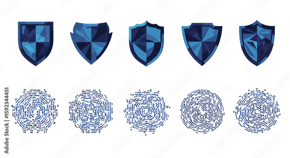 Poster five blue shields in a row above five fingerprints arranged in a row on a white background design