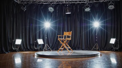 Director chair on circular platform under professional studio lights, cinematic production environment with spotlight setup for interviews, casting or theatrical performance concept
