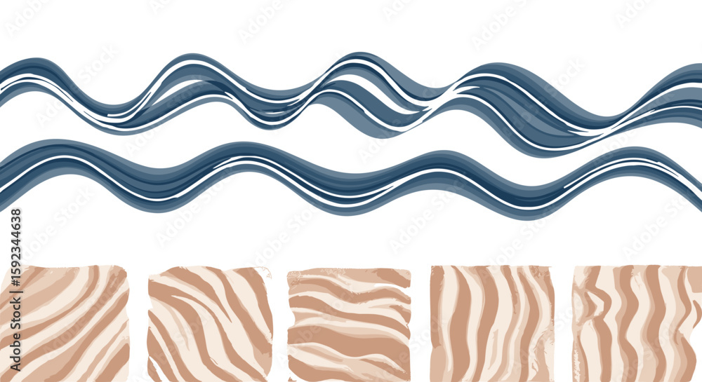 Poster abstract wavy lines with blue and white color scheme above striped rectangular shapes pattern design