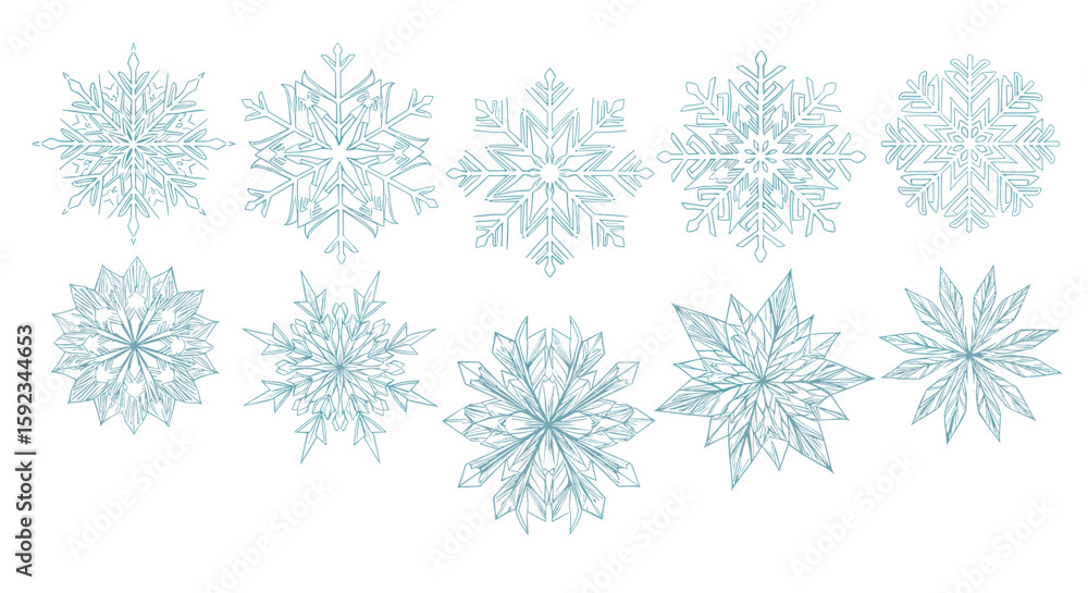Poster ten stylized snowflakes displayed in two rows with intricate designs on a white background artfully 
