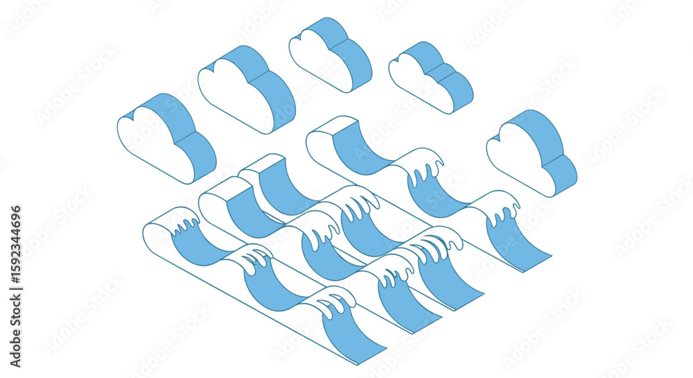 Poster isometric view of clouds and waves with blue accents in a repeating pattern against white backdrop