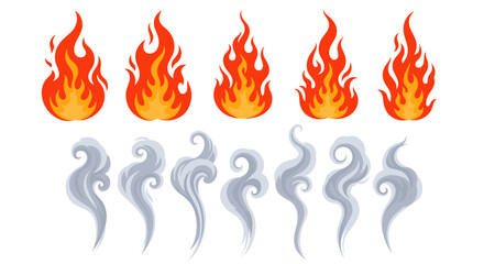 Illustration showing five flames and five smoke plumes arranged in two rows on a white background