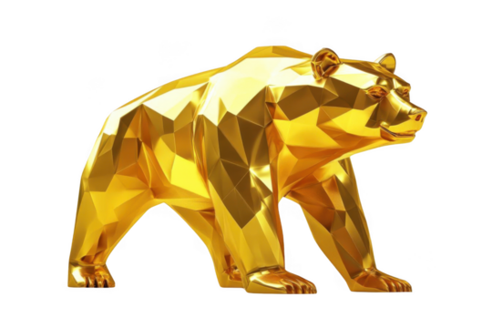 Golden Bear Sculpture Shines with Geometric Precision, A Metallic Forest Theme