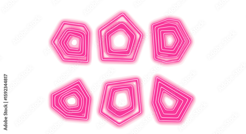 Poster six pink geometric shapes arranged in two rows with glowing edges on a white background design eleme