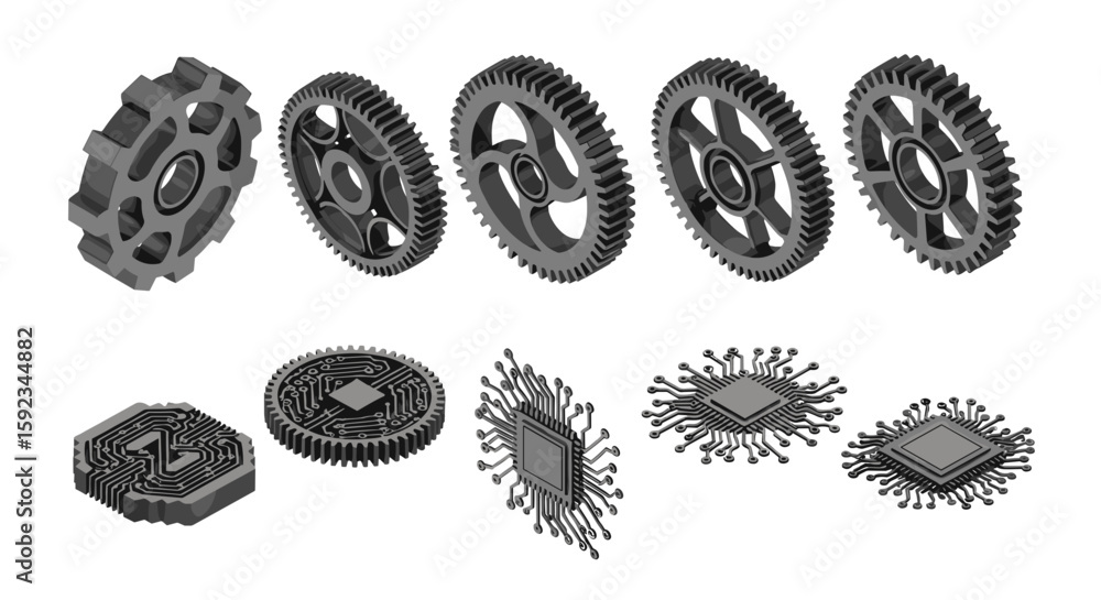 Aufkleber isometric view of gears and microchips arranged in a pattern on a white background design style