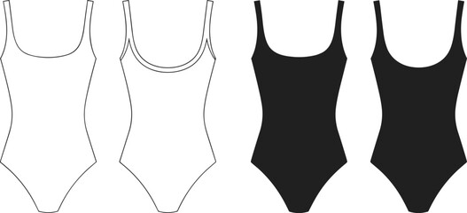 One-piece swimsuit bodysuit cad drawing flat vector illustration, scoop neck design, front and back views, minimalist swimwear fashion template
