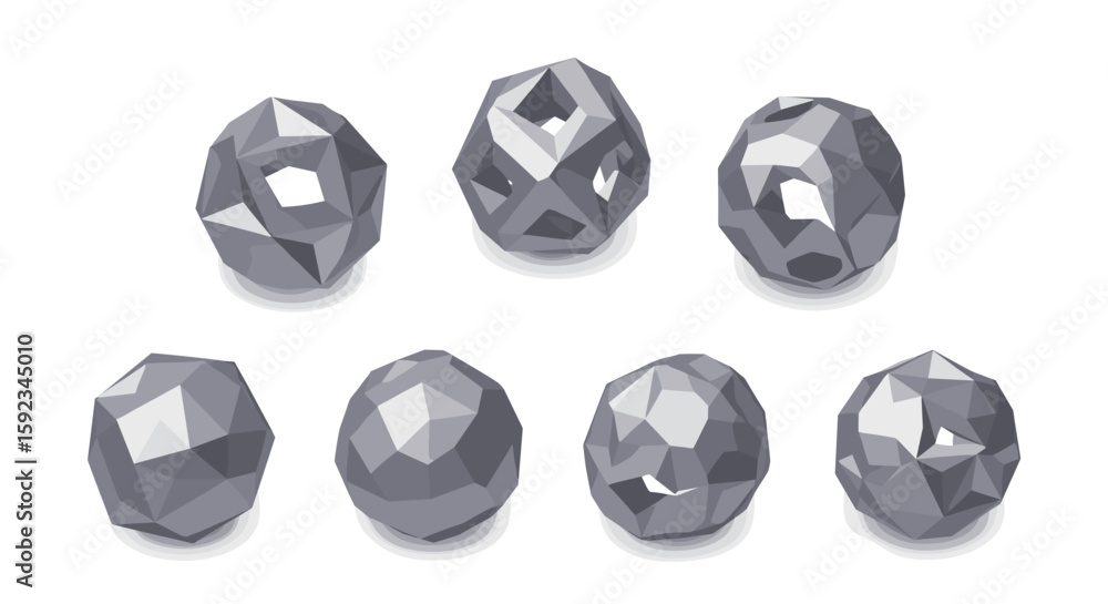 Poster a collection of eight gray polygonal objects with varying internal structures on a white background
