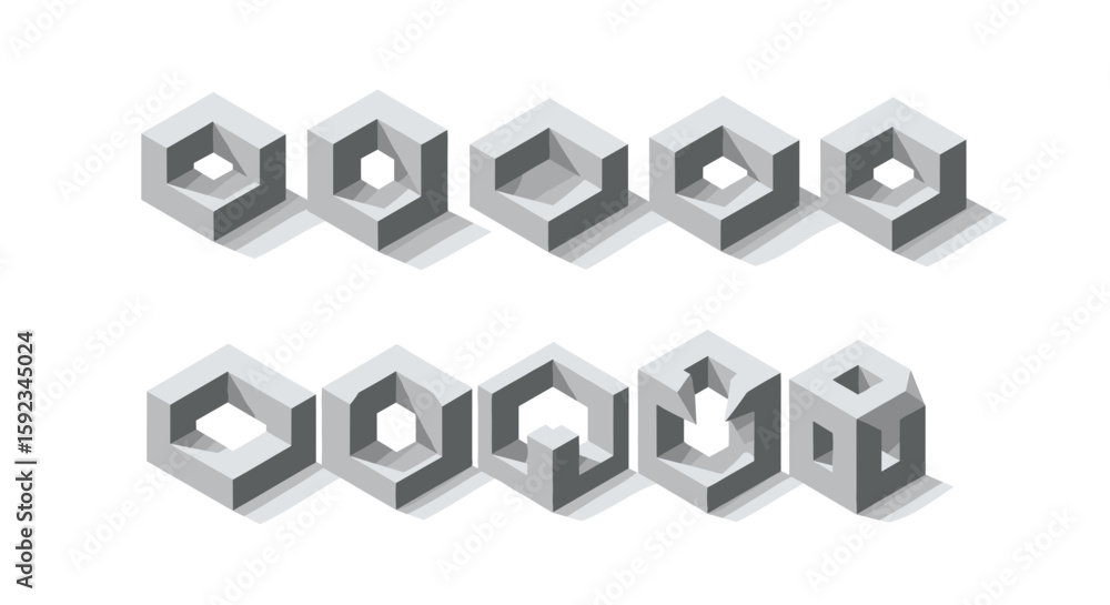 Poster isometric blocks arranged in two rows with varying central cutout shapes on a white background