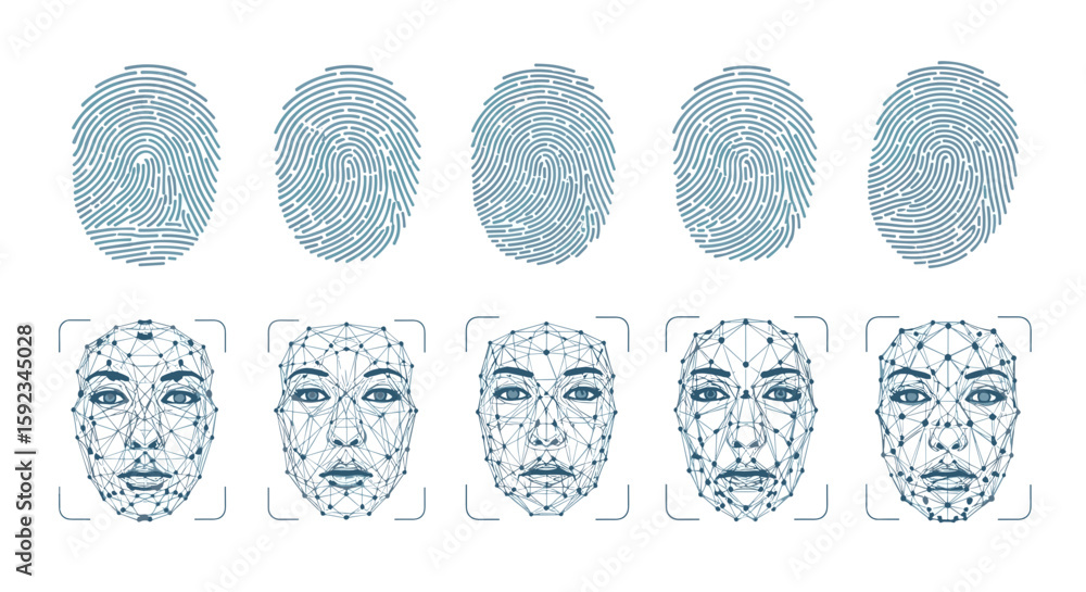 Poster multiple fingerprints and facial recognition scans arranged in a grid pattern on a white background