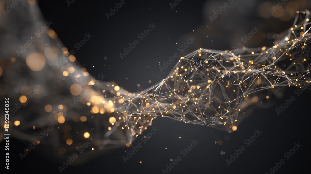 Poster abstract network of interconnected golden points on dark background
