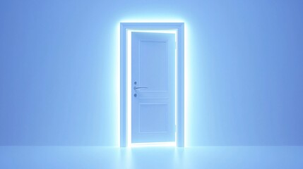 minimalist white front door with a hidden, recessed handle that emits a crisp, clean white LED glow. The lighting creates a subtle halo effect, accentuating the door's clean lines and contemporary 