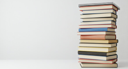 Tall Stack of Colorful Books and Spiral Notebook on Clean White Background - Education and Learning Concept