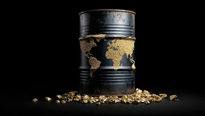 Rusty oil barrel with gold nuggets and a world map