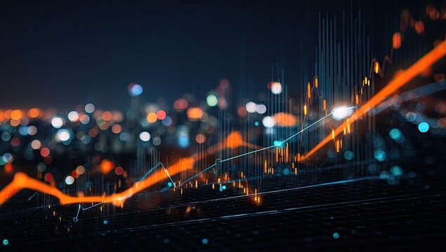 Abstract financial graphic overlaying a city at night - Powered by Adobe