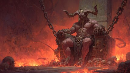 Horned demonic figure sitting on a throne of bones, hellish background with lava and chains