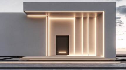 angle of front facade with central door featuring glowing recessed handle, framed by smooth walls and symmetrical architecture front elevation modern home architecture glowing door recessed 