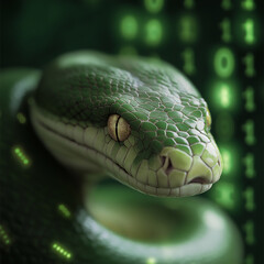 Fototapeta premium Closeup of snake with scales, green serpent in nature, featuring reptile, python, venomous eyes