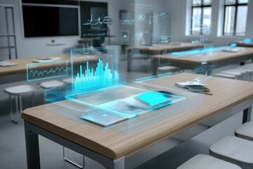 holographic attendance chart hovering above a desk in smart classroom, K-12 futuristic data visualization