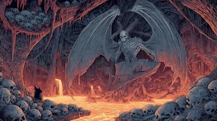 Satan with skeletal wings in a cavern of burning skulls and rivers of lava