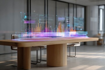 holographic attendance chart hovering above a desk in smart classroom, K-12 futuristic data visualization
