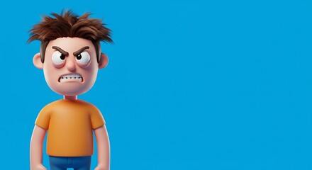 3d cartoon illustration, an angry person isolated on the left, with surreal style, copy space on the right. ,isolated on bright background, no text
