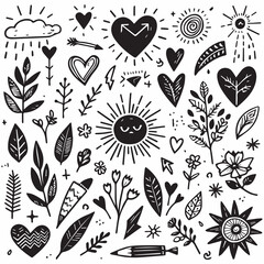 Hand drawn arrow heart love star leaf sun light flower and other element