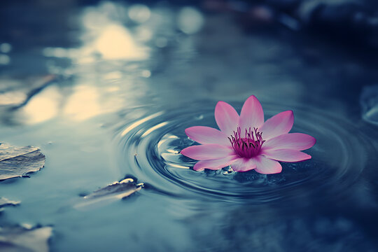 a pink flower floating in a pond of water