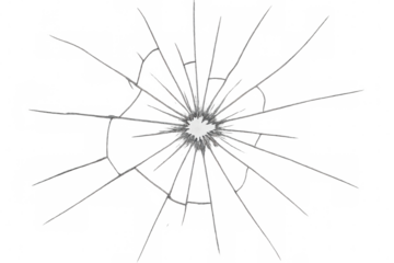 Realistic cracked glass effect with sharp edges and a hole in the center, isolated on transparent background for easy integration into designs related to damage, vandalism, or accidents