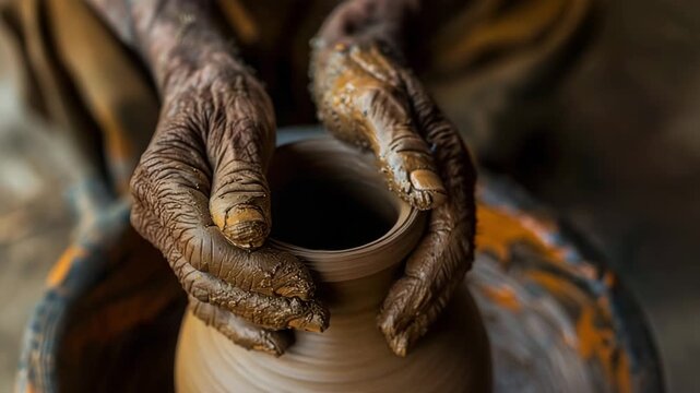 The hands of a potter who shapes a vase, Generative AI Videos.