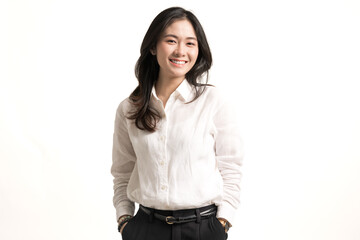Beautiful smiling young asian business woman wear white shirt isolated on white background.Asian...