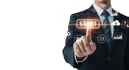 A businessman in a suit presses a glowing start button on a futuristic digital interface, symbolizing innovation and success isolated on transparent background