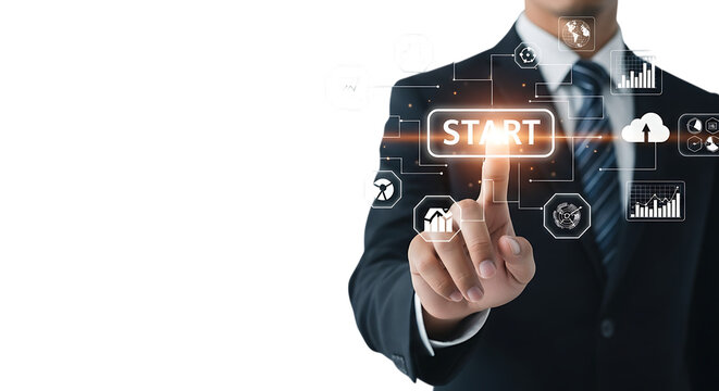 A businessman in a suit presses a glowing start button on a futuristic digital interface, symbolizing innovation and success isolated on transparent background