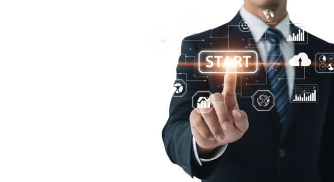 A businessman in a suit presses a glowing start button on a futuristic digital interface, symbolizing innovation and success isolated on transparent background