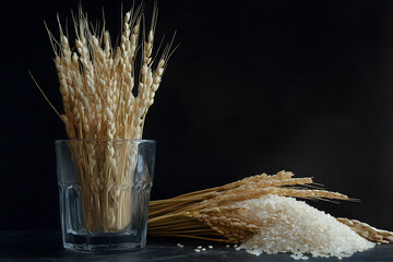 a glass of rice and some wheat stalks
