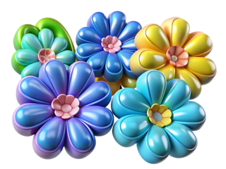 Collection of colorful cartoonish flowers with petals isolated on transparent background