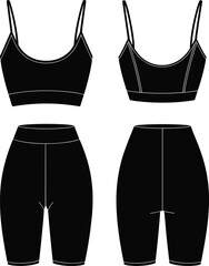 Activewear set cad drawing flat vector illustration, crop top with spaghetti straps and biker shorts, front and back workout fashion template