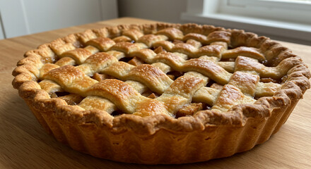 Close up shot of a lattice topped apple pie sitting on a wooden table near a window indoors