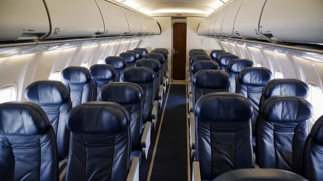 Animated empty airplane cabin interior with rows of black leather seats, glowing aisle lights, and quiet sterile ambiance in modern aircraft footage