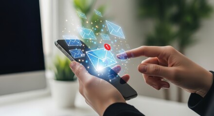 Photo of a persons hand holds a smartphone, with glowing email icons and notifications appearing above the screen, symbolizing digital communication and connectivity