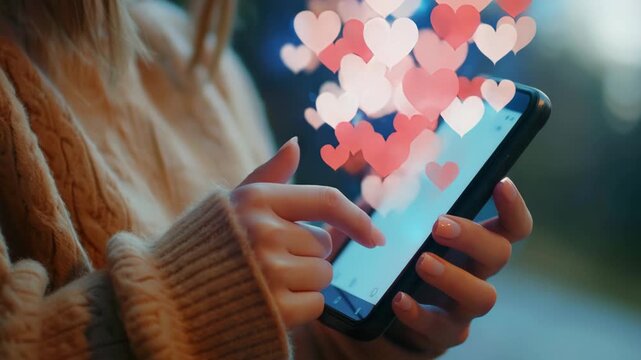 An about social networks, phone in female hands, like icons in the form of hearts and thumbs up fly out of the phone, Generative AI Videos.