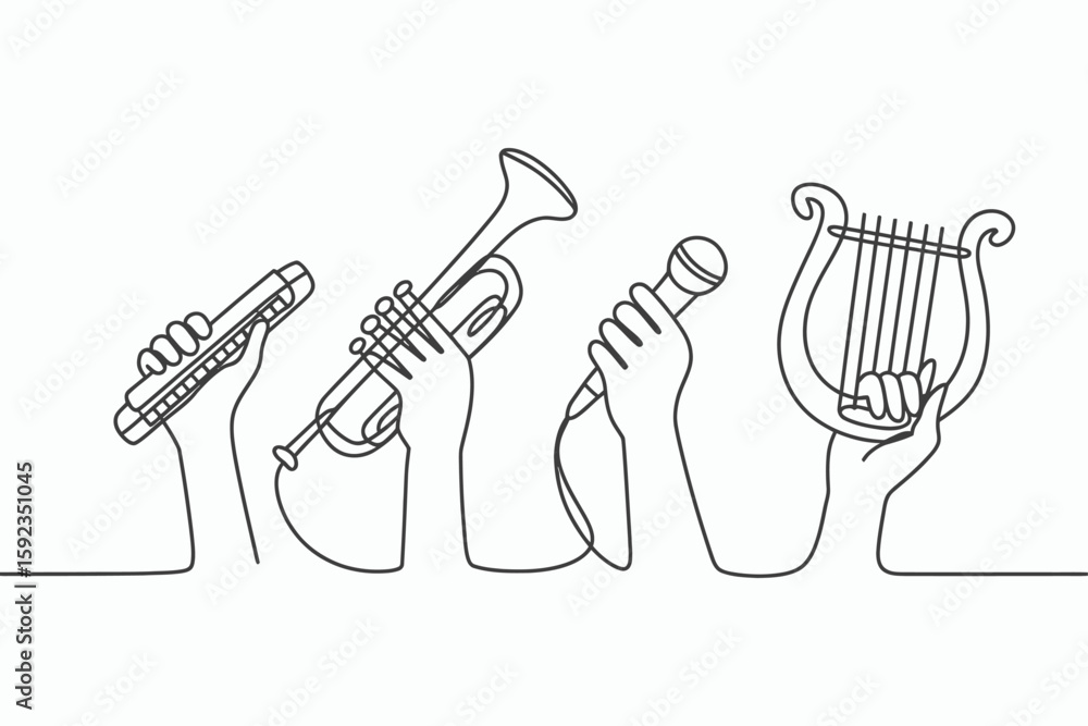 Poster four hands holding musical instruments in a continuous line drawing isolated on white background