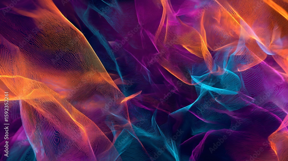 Poster vibrant synthwave texture featuring translucent layered shapes and intricate lines in orange, teal