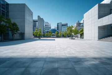 A large concrete square in front of the Japan National Sci-Fi Museum, clean asphalt floor, modern buildings around it Generative AI