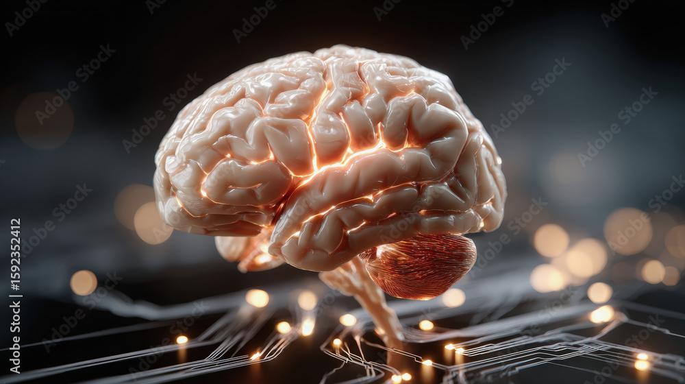 Poster conscious artificial brain illuminated with glowing connections, symbolizing advanced technology and