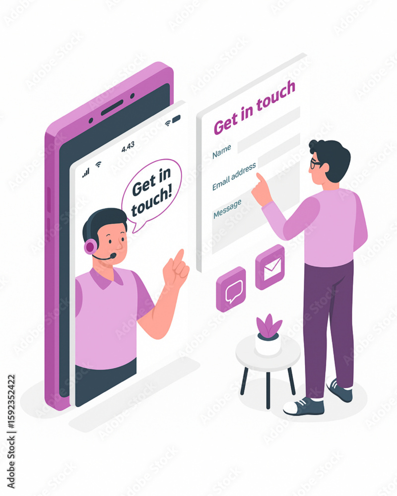 Poster customer support representative assisting with online form on mobile device, encouraging users to ge