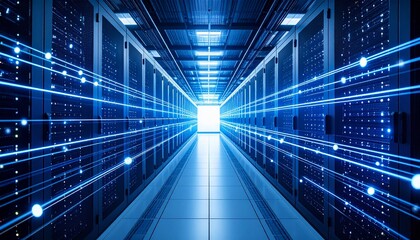 Abstract AI traffic flowing through glowing fiber optics connecting server racks. Immersive 3D tech visualization of data in motion.