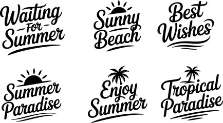 Classic set of summer taglines including waiting for summer and sunny beach, perfect for black and white printable cards or icons  