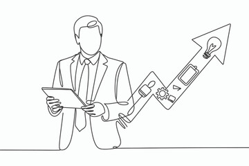 Businessman holding tablet with upward trending graph of business growth isolated on white background