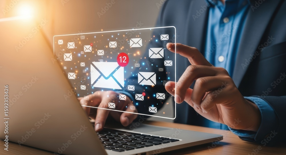 Aufkleber photo of a businessman interacts with a digital interface displaying email icons and notifications o